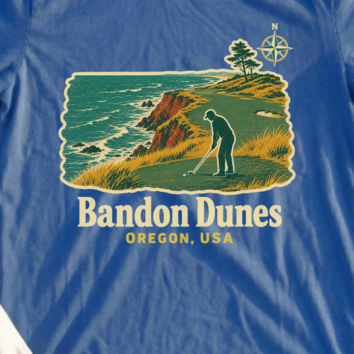 Bandon Dunes, Coastal Travel Poster Tee, print close-up on Royal