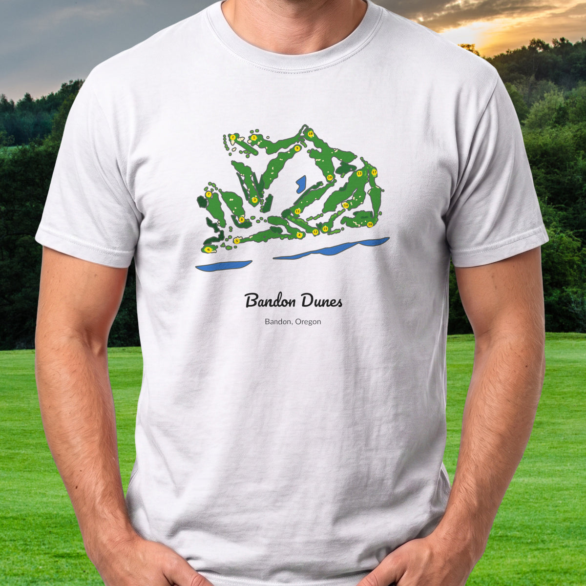 Bandon Dunes Course Map Tee worn on the golf course, White