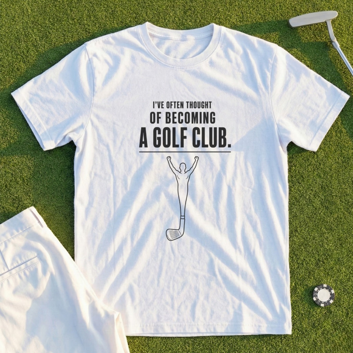 White t-shirt with graphic and text about becoming a golf club.