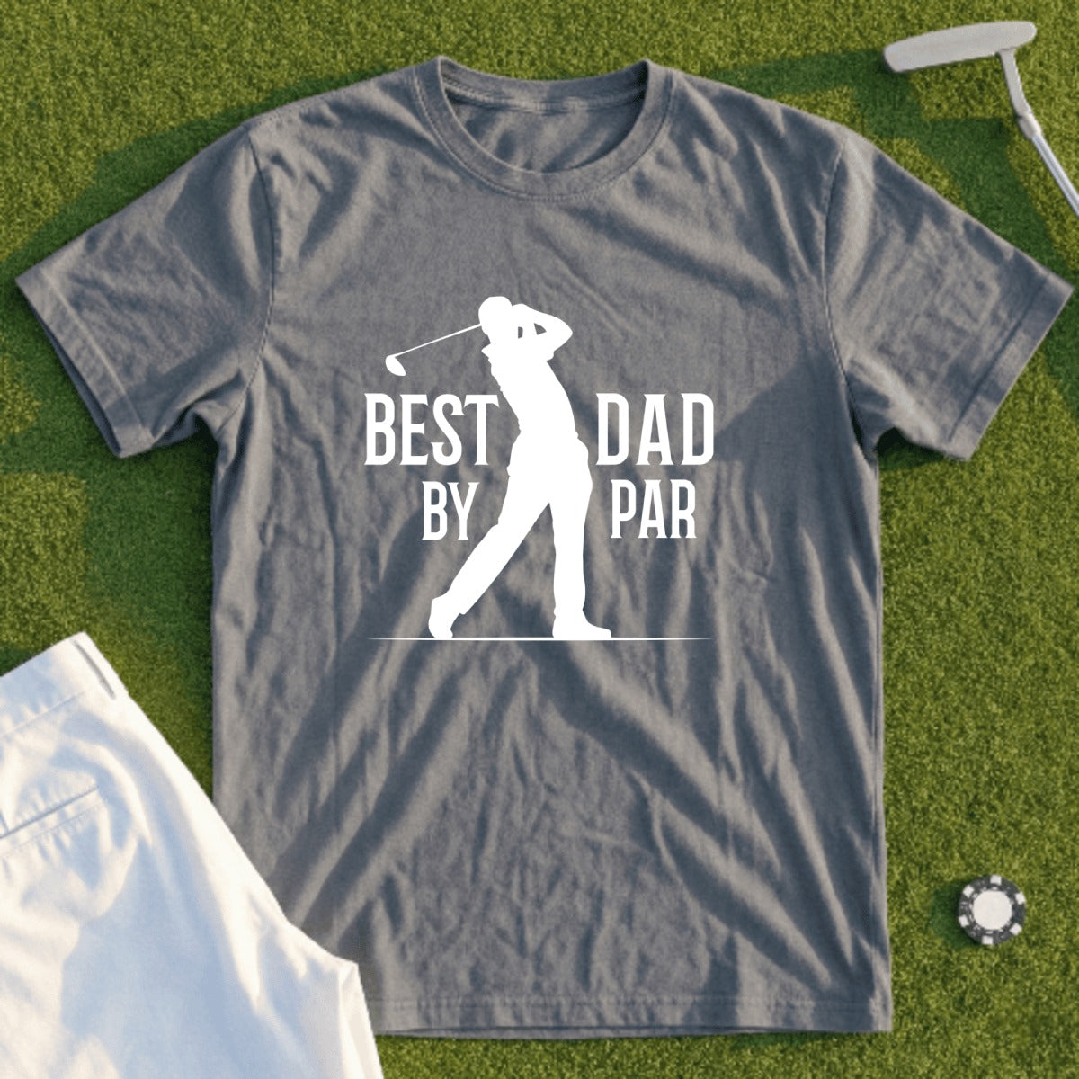 Gray t-shirt with "Best Dad by Par" and golfer graphic.