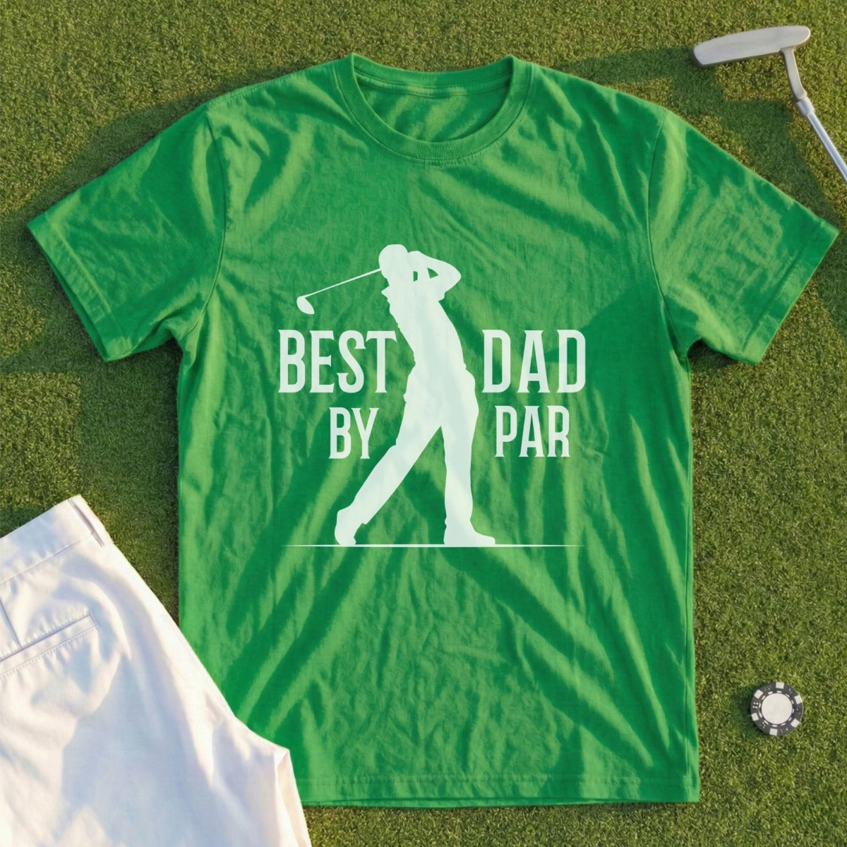 Green t-shirt with white text and silhouette of a golfer.