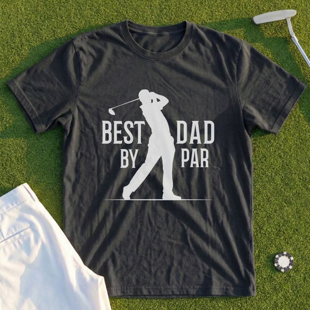 Dark t-shirt with "BEST DAD BY PAR" text and golfer graphic.