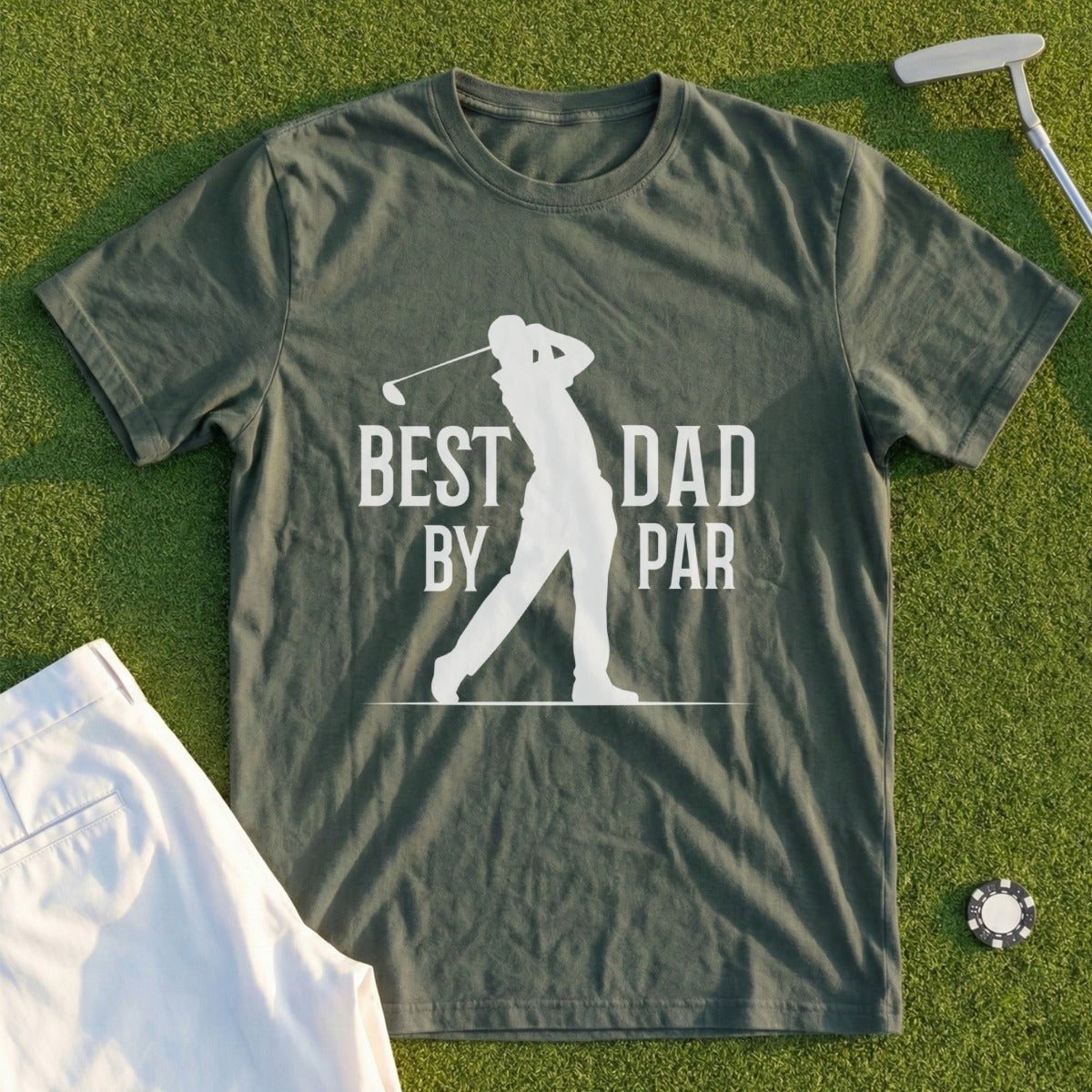 Olive t-shirt with "BEST DAD BY PAR" text and golfer silhouette.