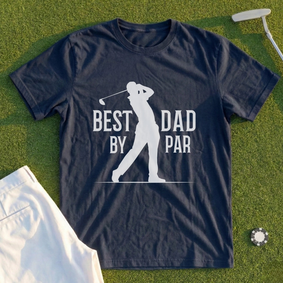Navy t-shirt with "BEST DAD BY PAR" text and golfer graphic.