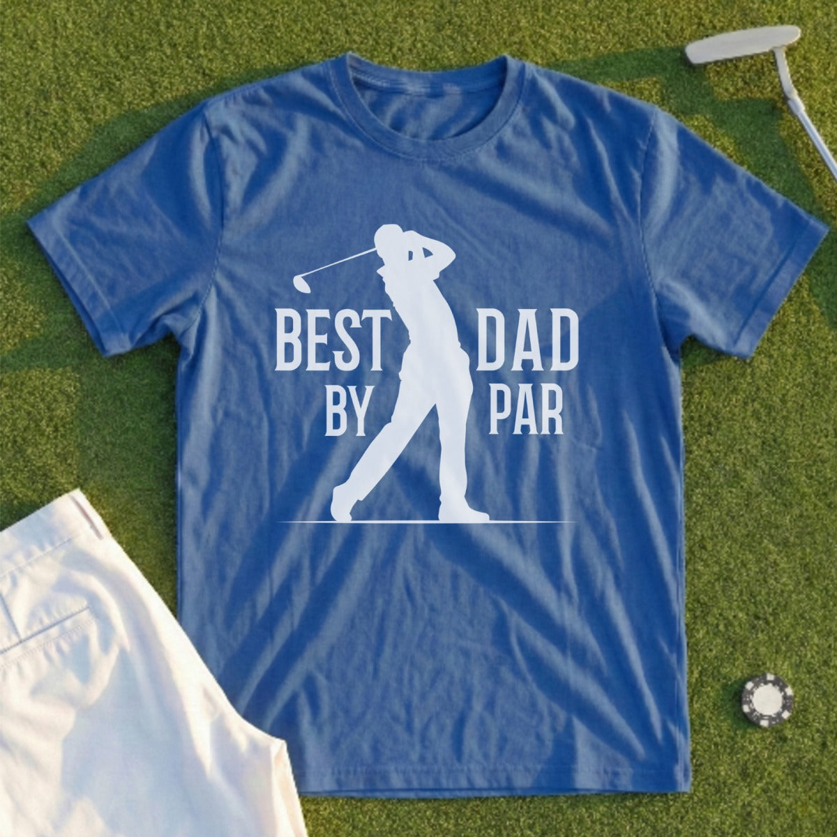 Blue t-shirt with golfer graphic and "BEST DAD BY PAR" text.