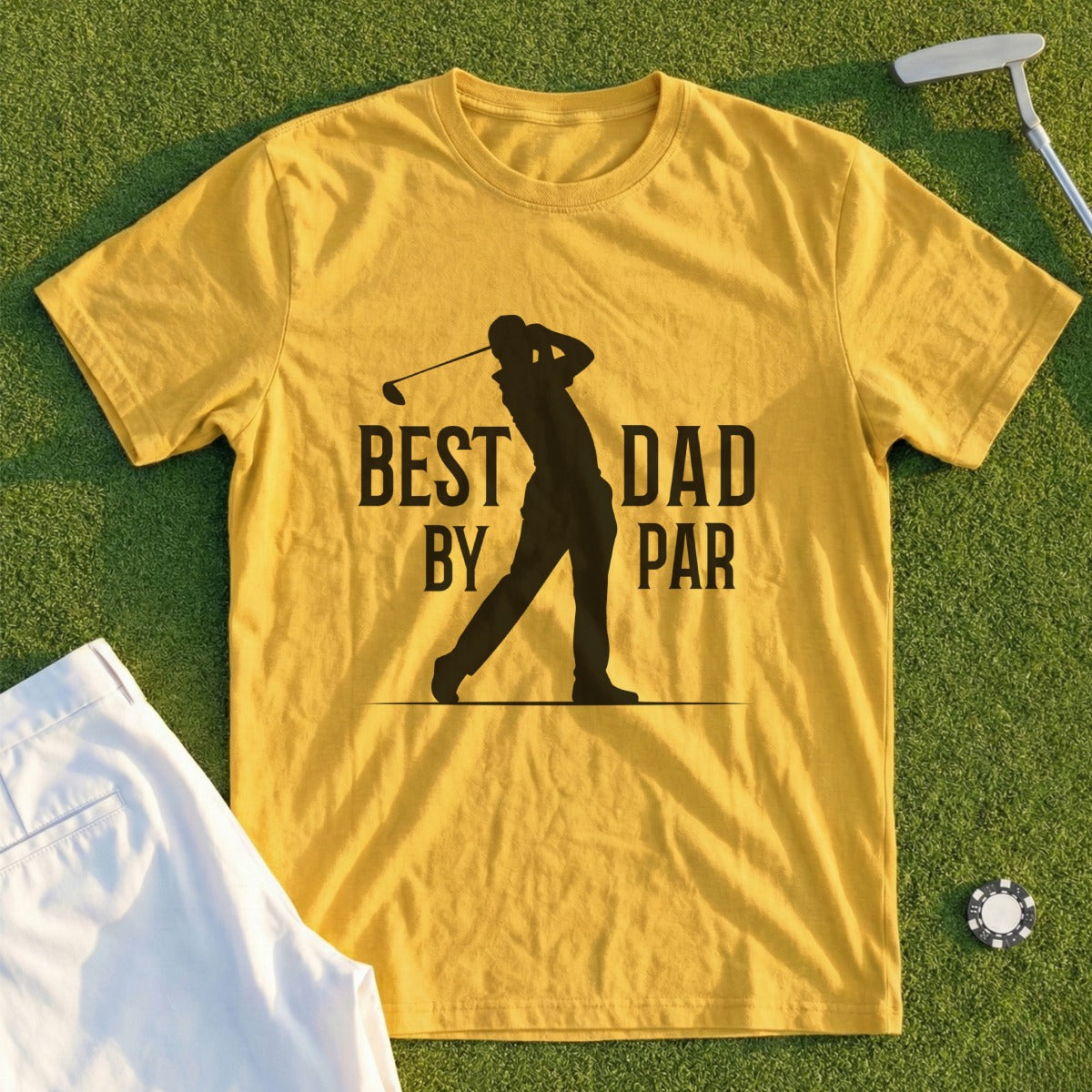 Yellow t-shirt with "BEST DAD BY PAR" text and golfer silhouette.