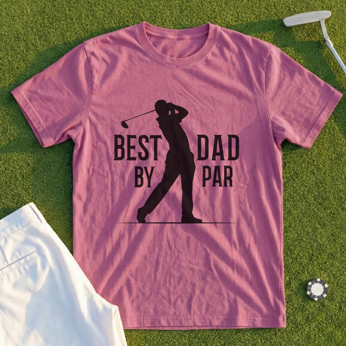 Pink t-shirt with "Best Dad by Par" text and golfer graphic.
