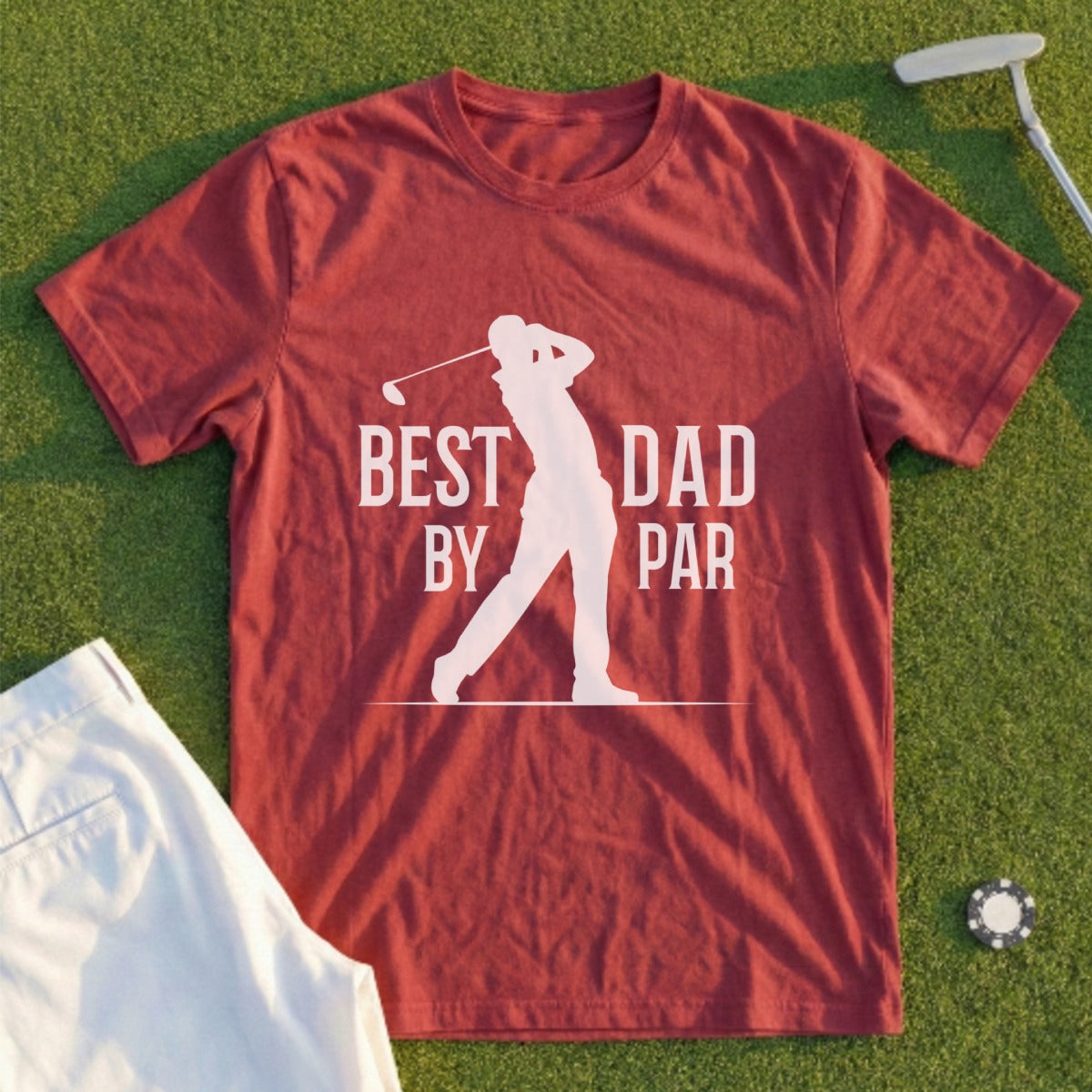 Maroon t-shirt with white text "BEST DAD BY PAR" and a golfer graphic.