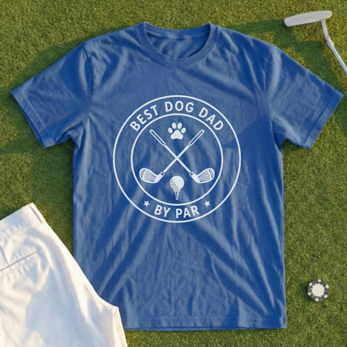 Blue t-shirt with "Best Dog Dad by Par" and golf crossed clubs design.