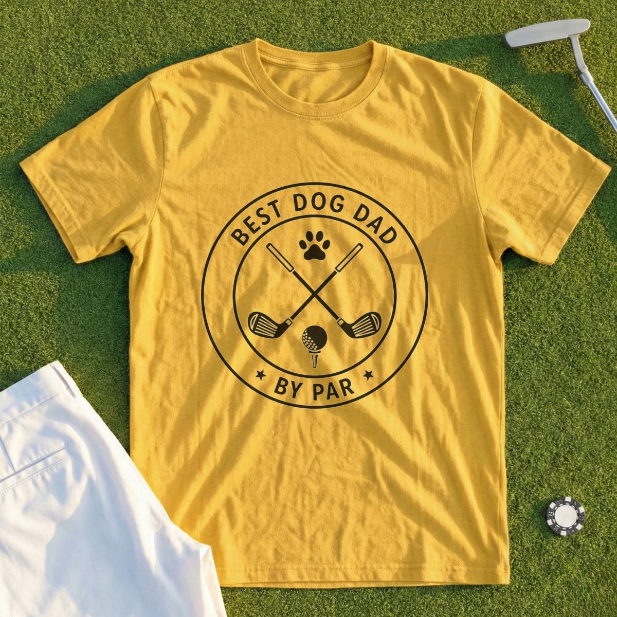 Yellow t-shirt with "Best Dog Dad by Par" text and golf graphics.