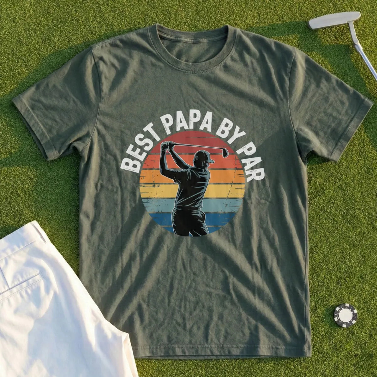 Olive t-shirt with a golfer silhouette and "BEST PAPA BY PAR" text.