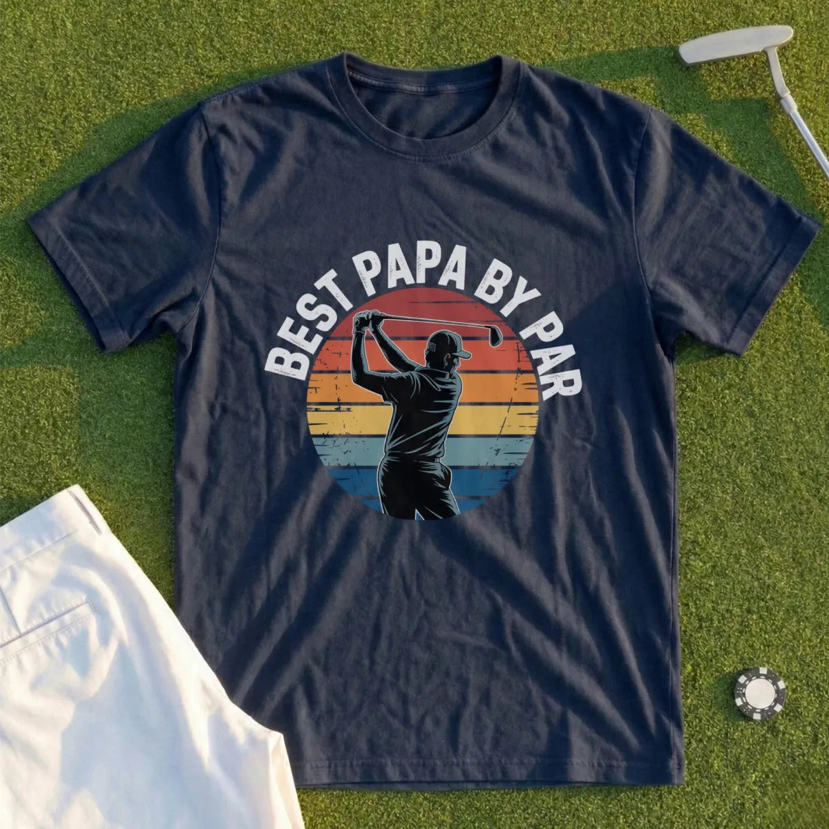 Navy t-shirt with "BEST PAPA BY PAR" and a golfer swinging.
