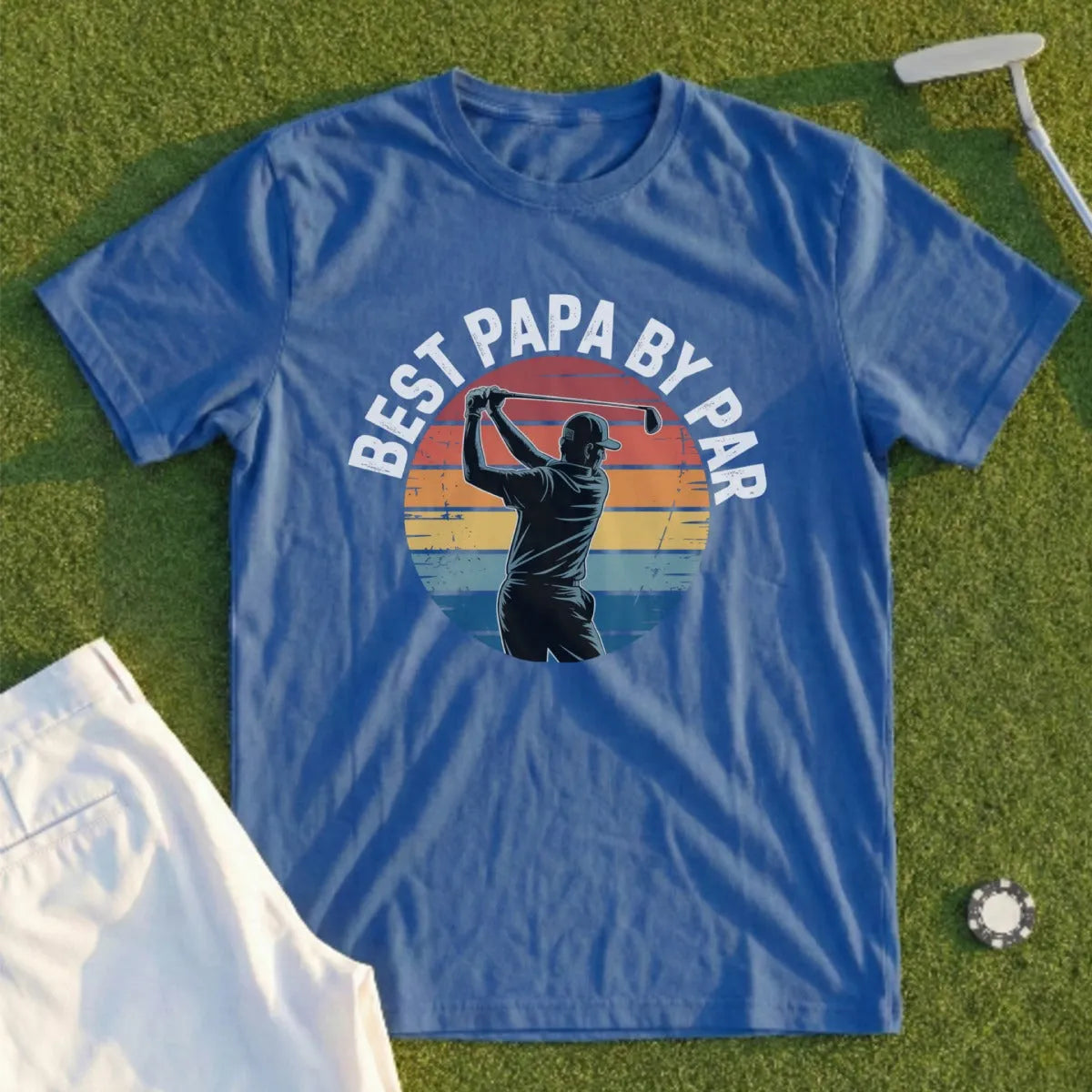 Blue t-shirt with "Best Papa By Par" text and golfer graphic.
