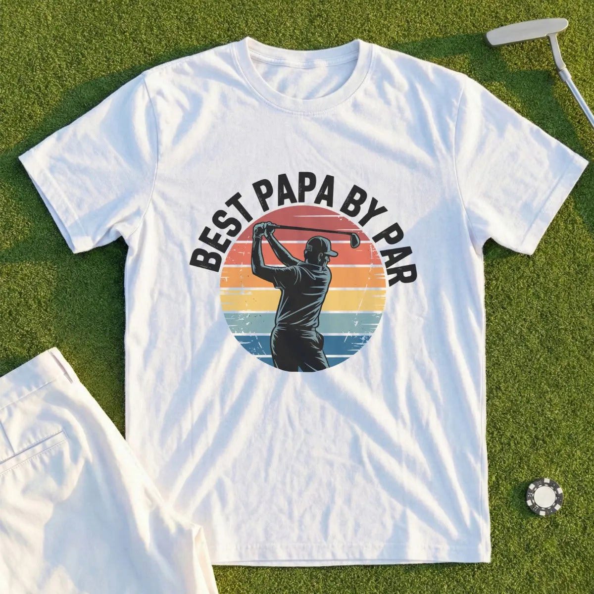White t-shirt with golfer and "Best Papa by Par" text.