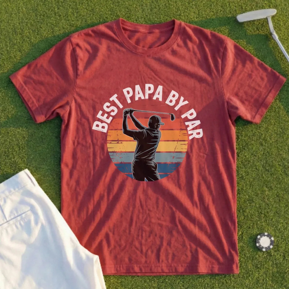 Maroon t-shirt with "Best Papa by Par" and golfer silhouette.