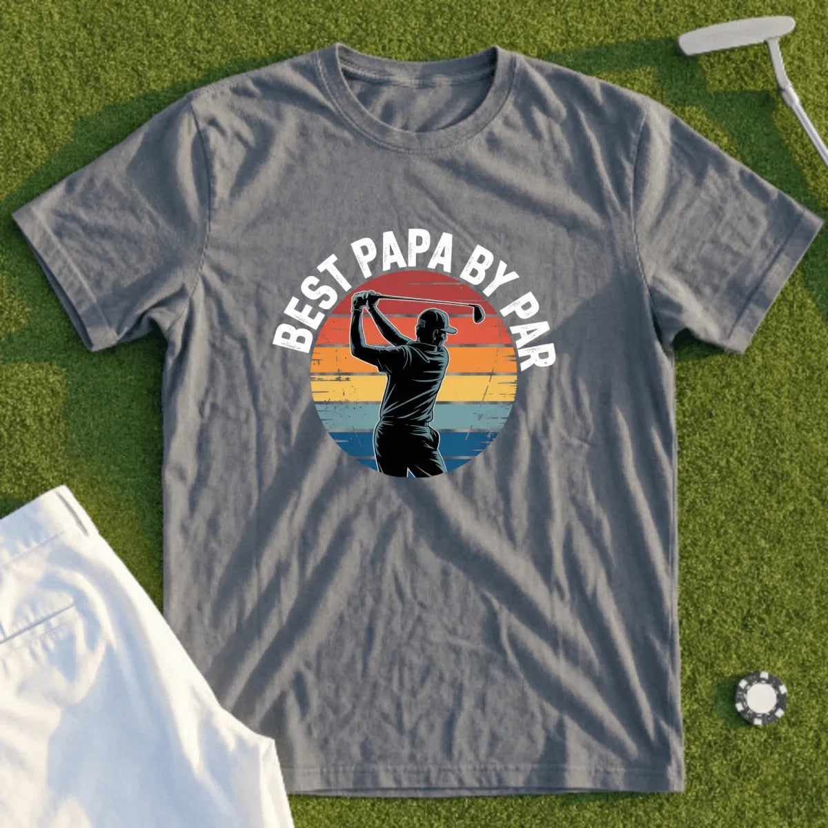 Gray t-shirt with "Best Papa by Par" text and golfer graphic.