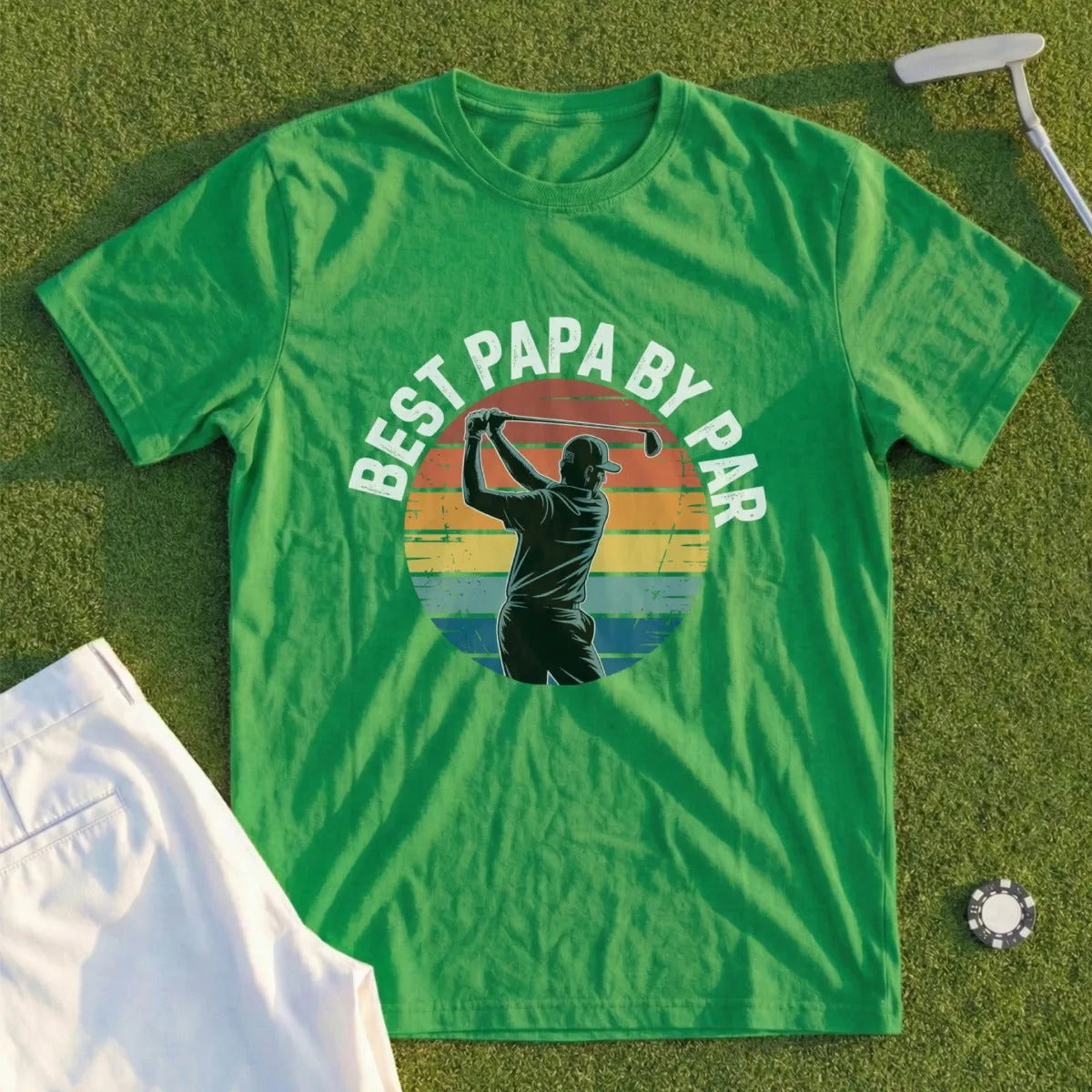 Green t-shirt with "Best Papa by Par" text and golfer illustration.