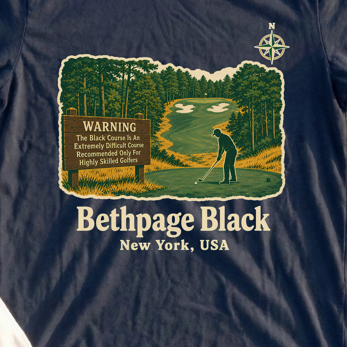 Bethpage Black Travel Poster Tee, print close-up on Navy