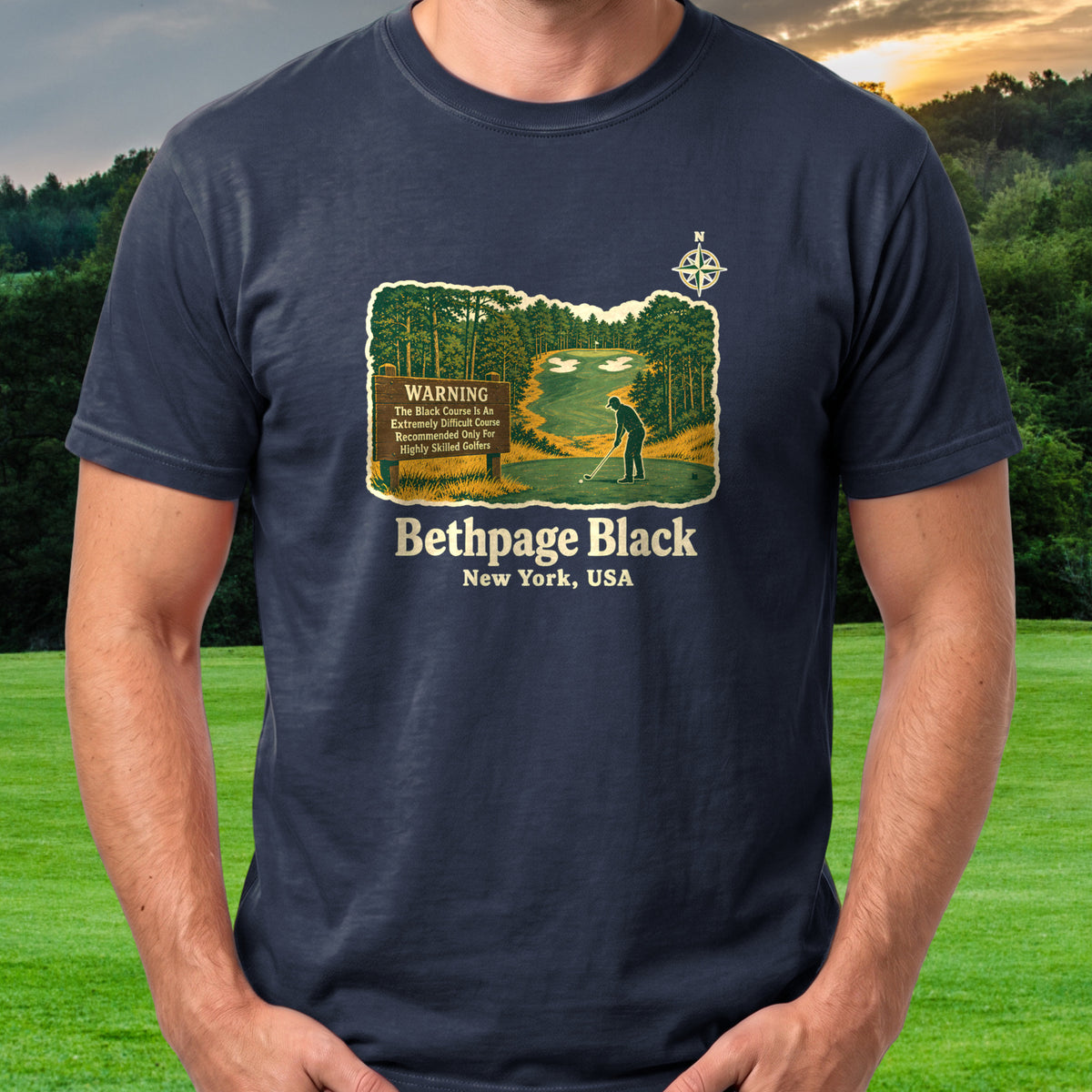 Bethpage Black Travel Poster Tee worn on the golf course, Navy