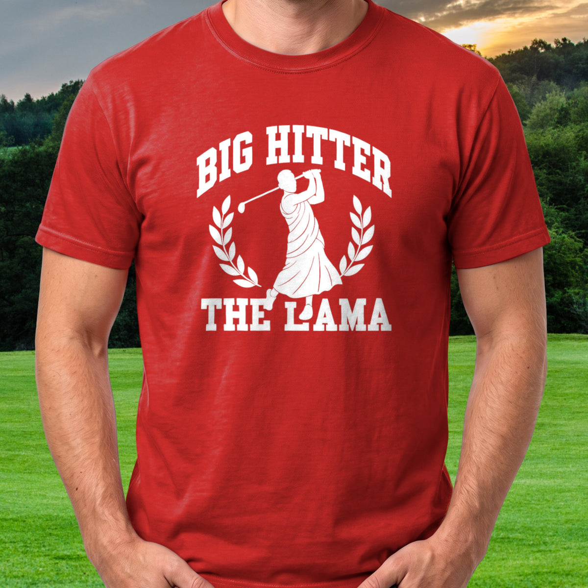 Big Hitter Collegiate Tee worn on the golf course, Red