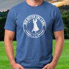 Big Hitter Lama Stamp Tee worn on the golf course, Royal