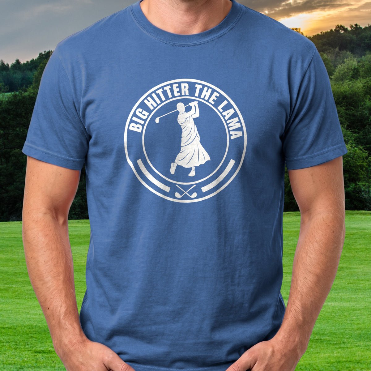 Big Hitter Lama Stamp Tee worn on the golf course, Royal