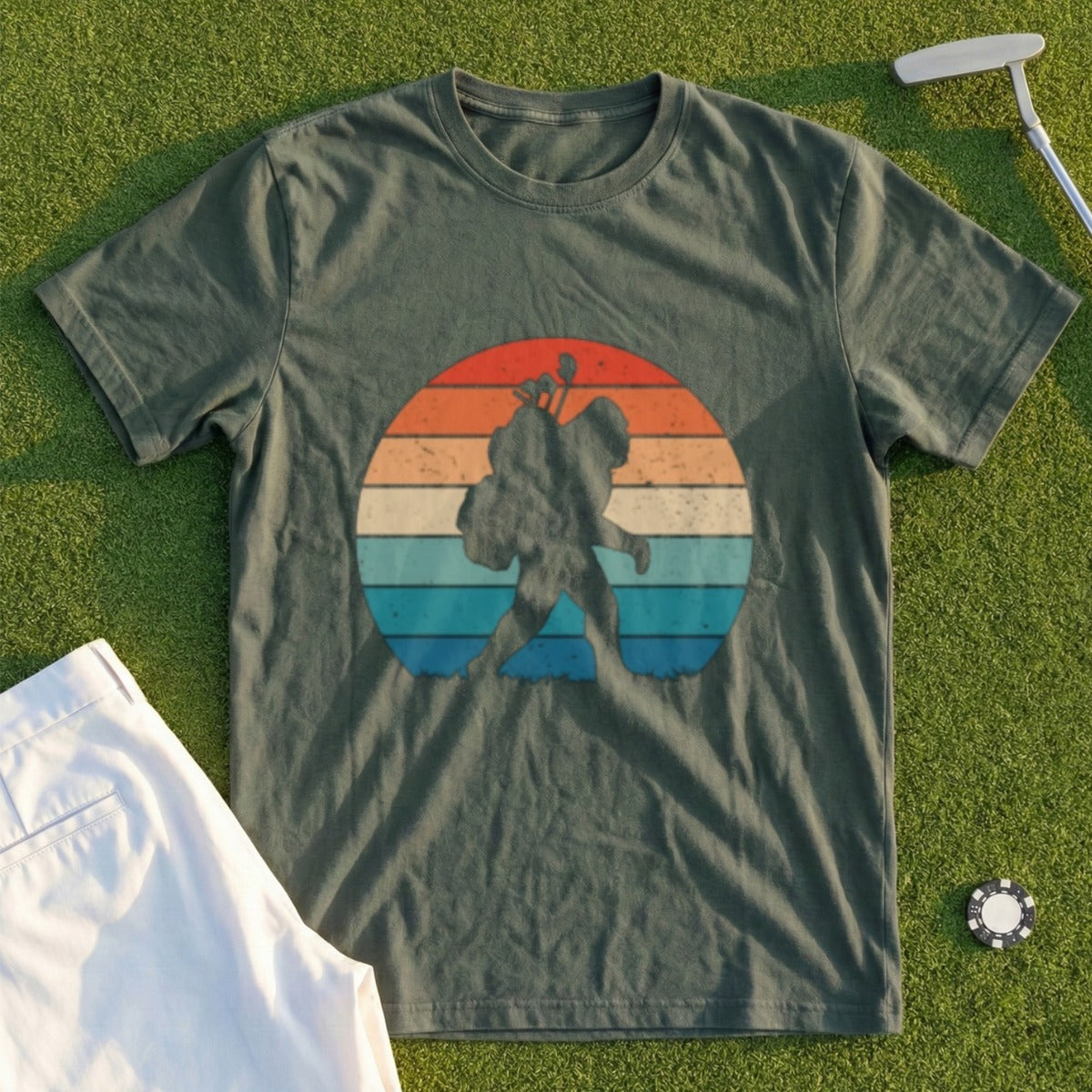 Green t-shirt with Bigfoot silhouette carrying golf clubs against a sunset graphic.