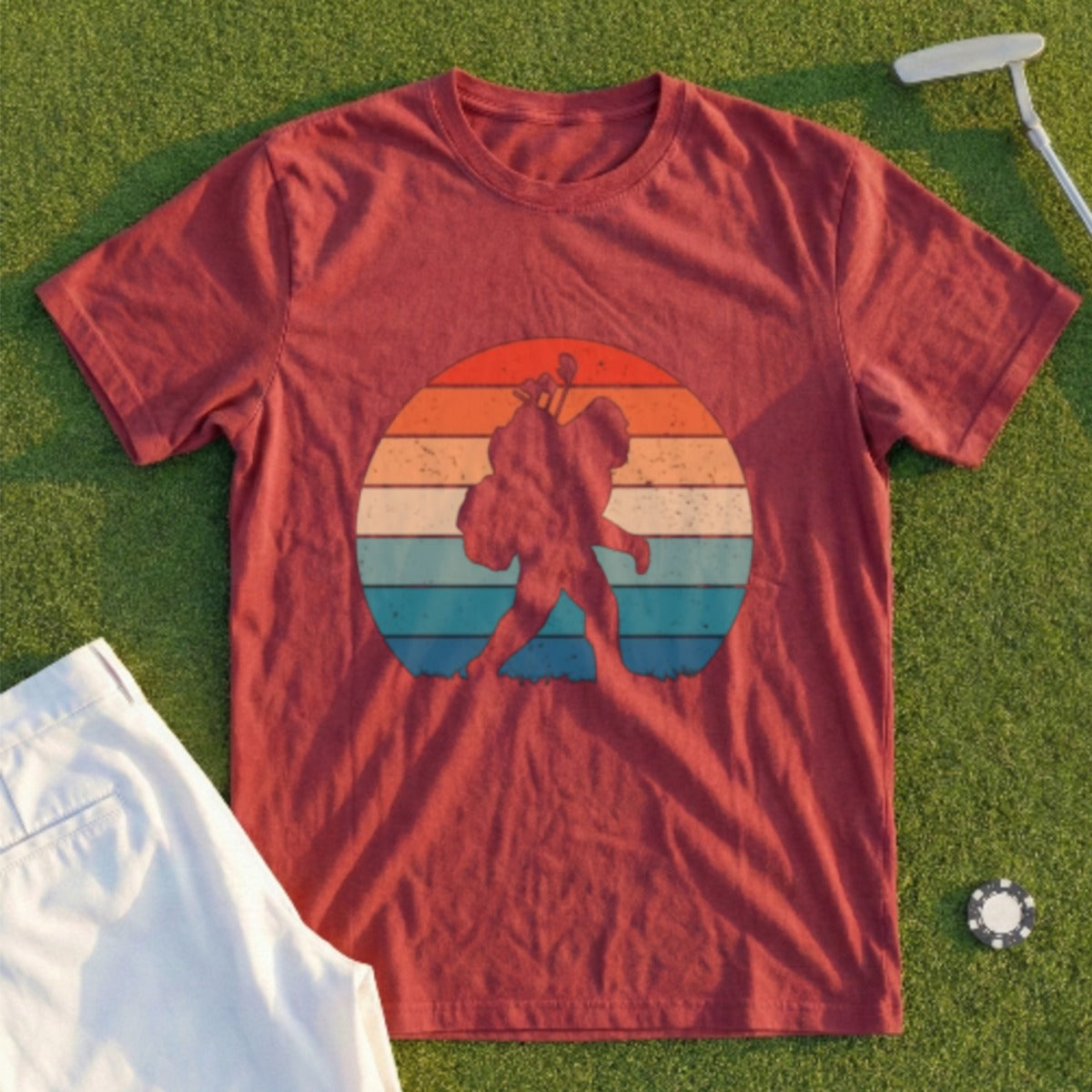 Maroon t-shirt with Bigfoot silhouette against a retro sunset circle.