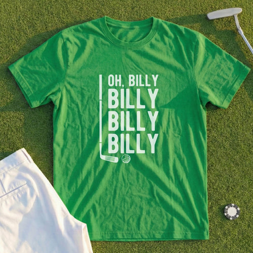 Green t-shirt with "Oh, Billy Billy Billy Billy" text and golf club graphic.