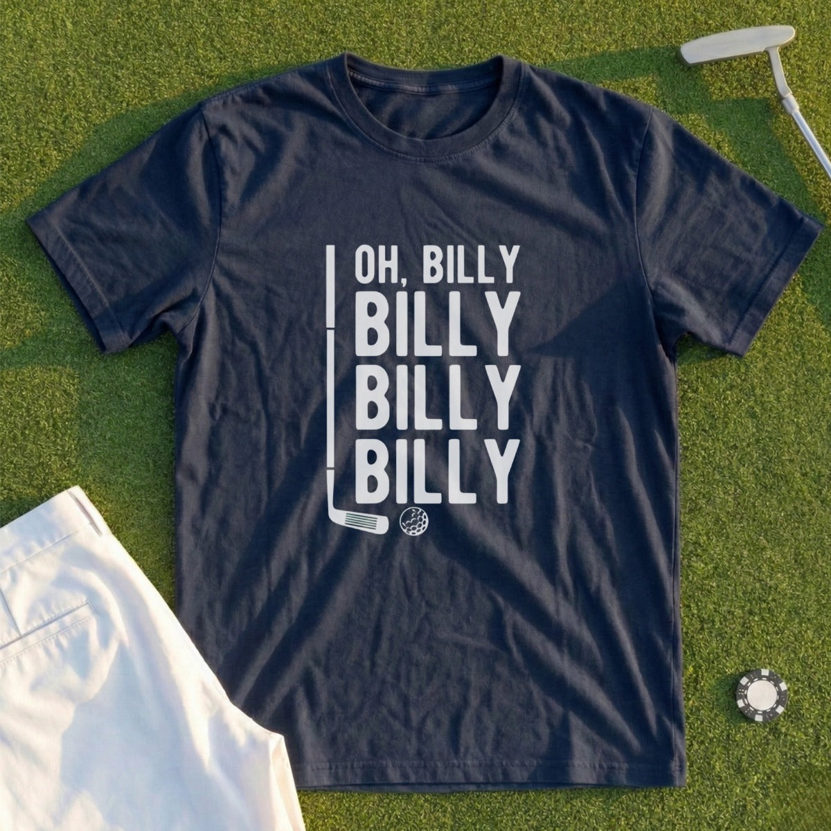 Navy t-shirt with "Oh, Billy Billy Billy Billy" text and golf club graphic.