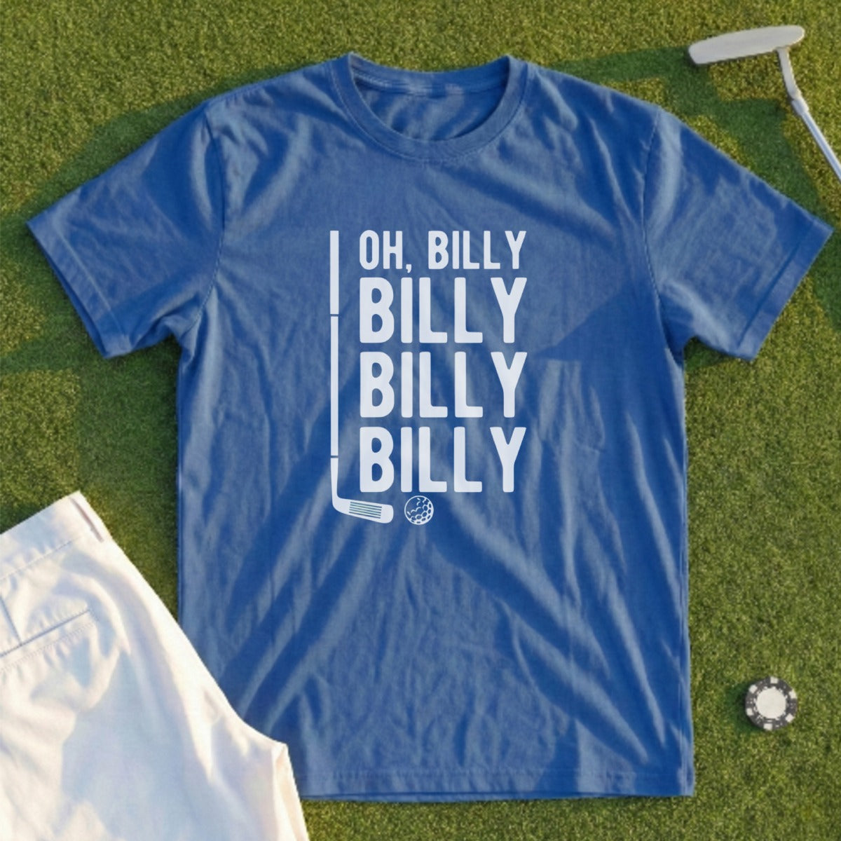 Blue t-shirt with "Oh, Billy Billy Billy Billy" text and golf club graphic.