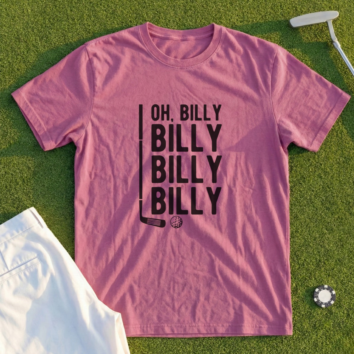 Rose t-shirt with "Oh, Billy Billy Billy Billy" text and golf graphic.
