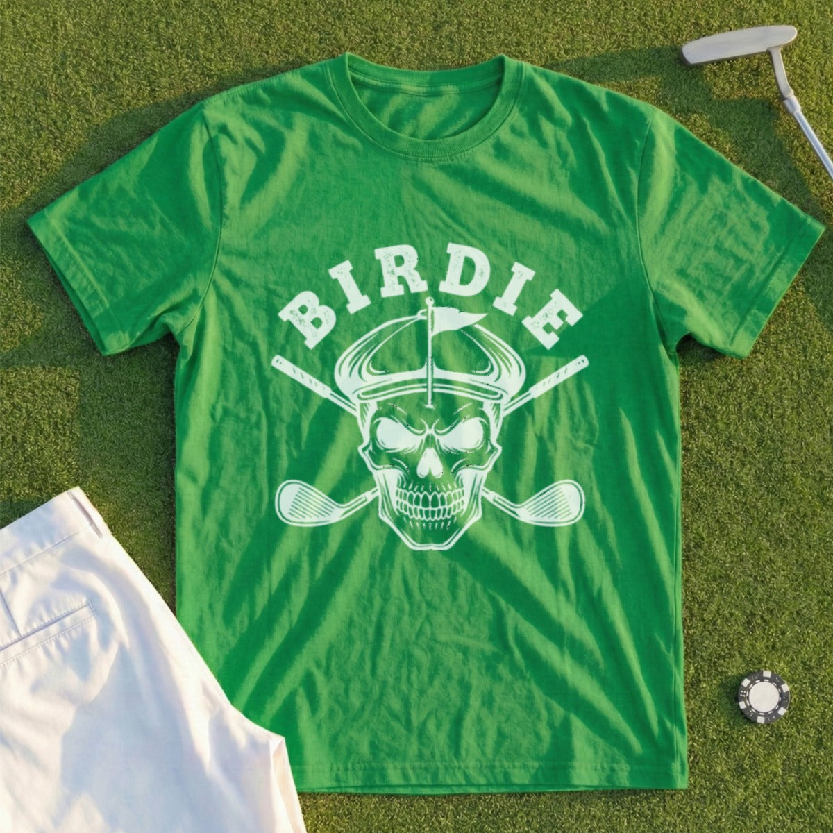 Green t-shirt with skull, golf clubs, and "Birdie" text.