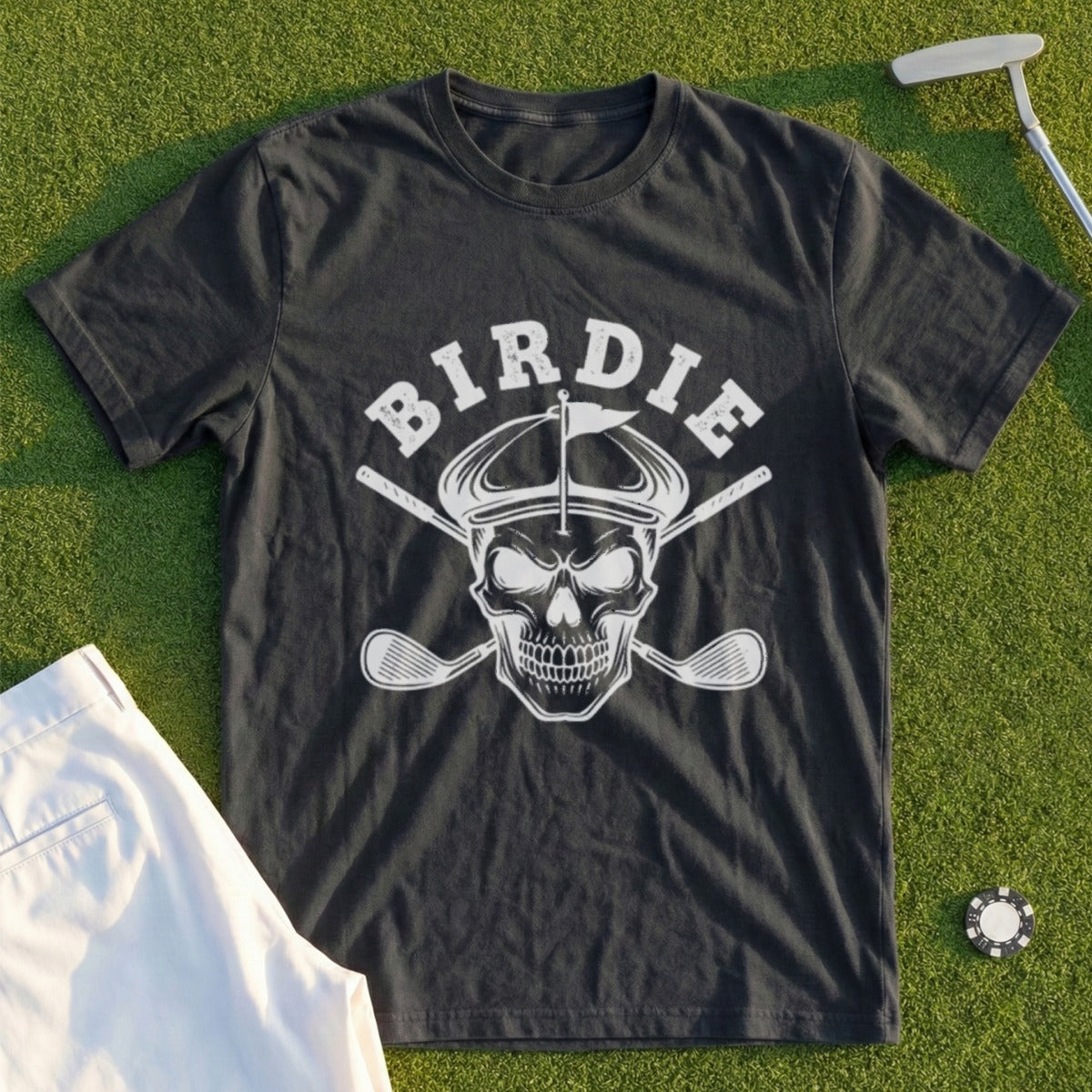 Dark t-shirt with skull, crossed golf clubs, and "Birdie" text.