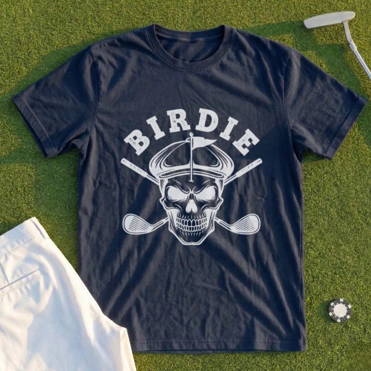 Dark blue t-shirt with skull wearing a golf hat and "Birdie" text.
