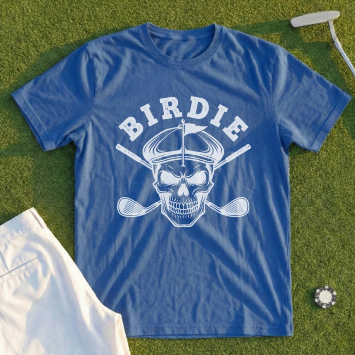 Blue t-shirt with skull, golf clubs, and "Birdie" text.