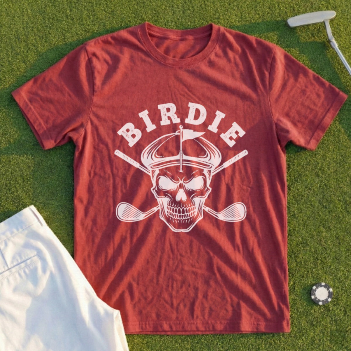 Red t-shirt with skull wearing a golf visor and crossed golf clubs, "BIRDIE" text.