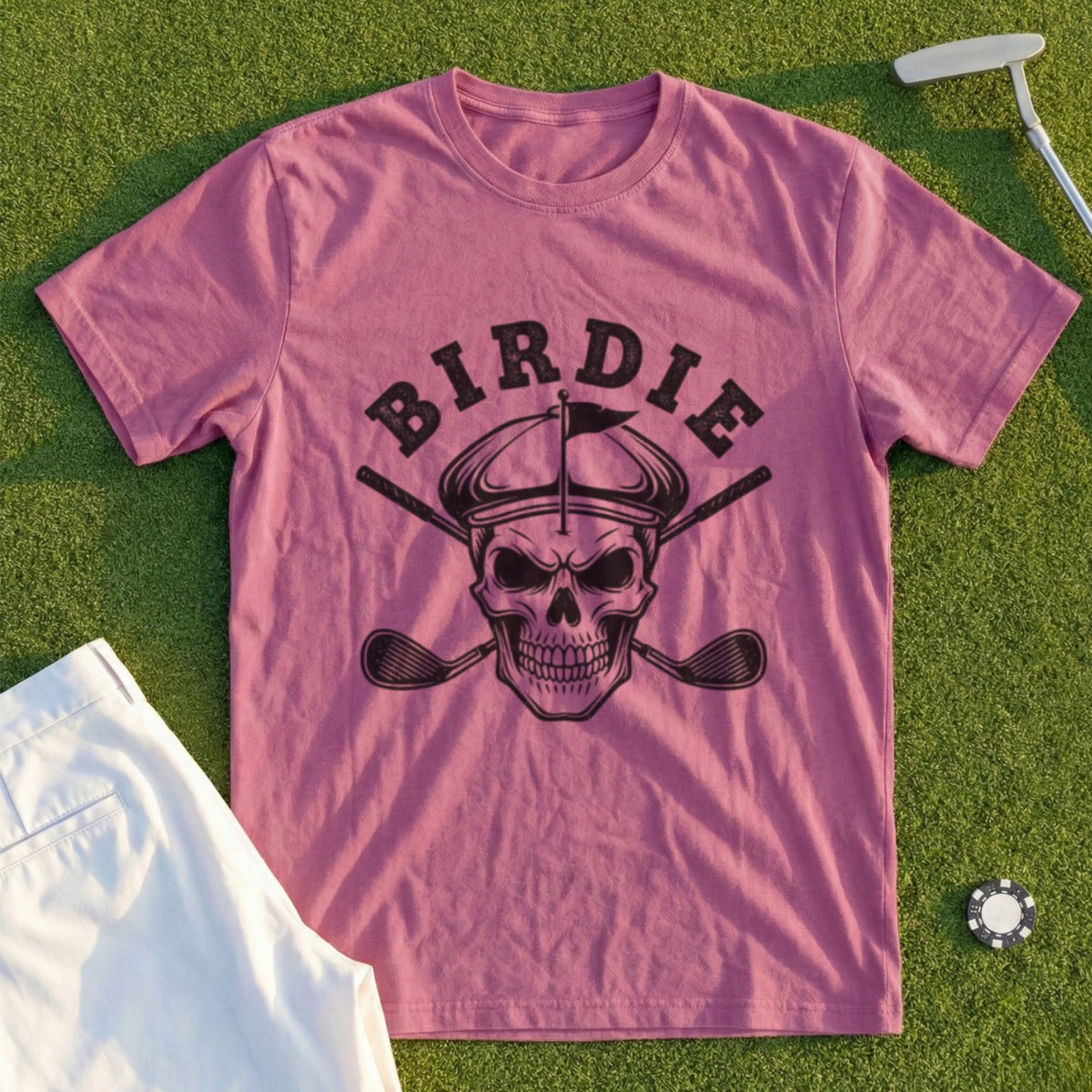 Skull wearing a golf cap with crossed golf clubs, "Birdie" text.