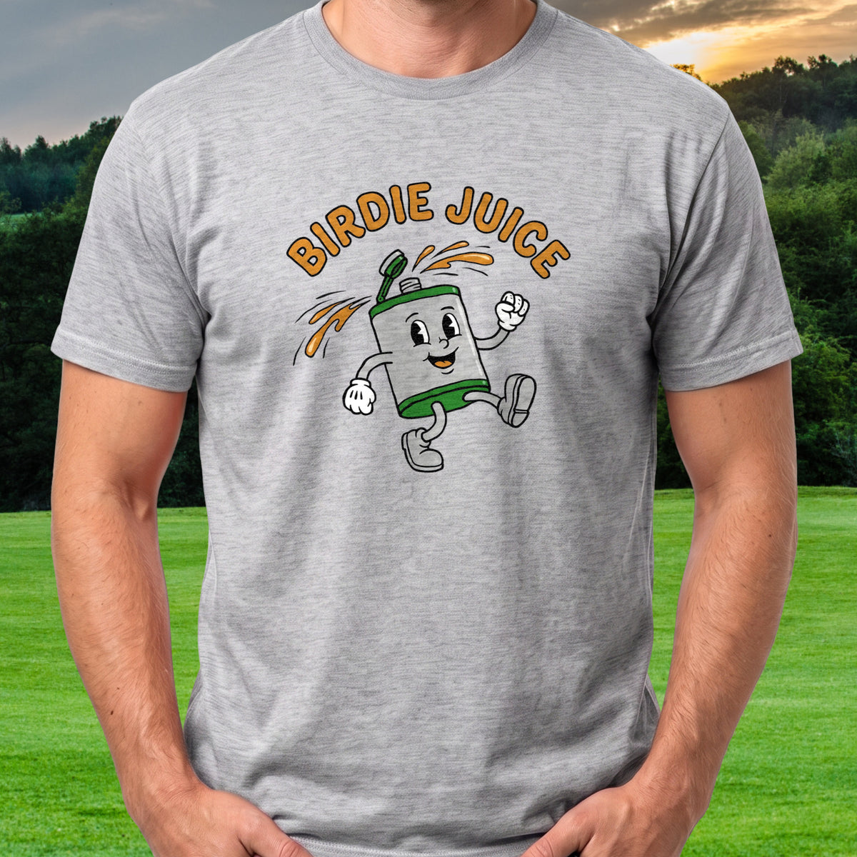 Birdie Juice Flask Tee worn on the golf course, Sport Grey