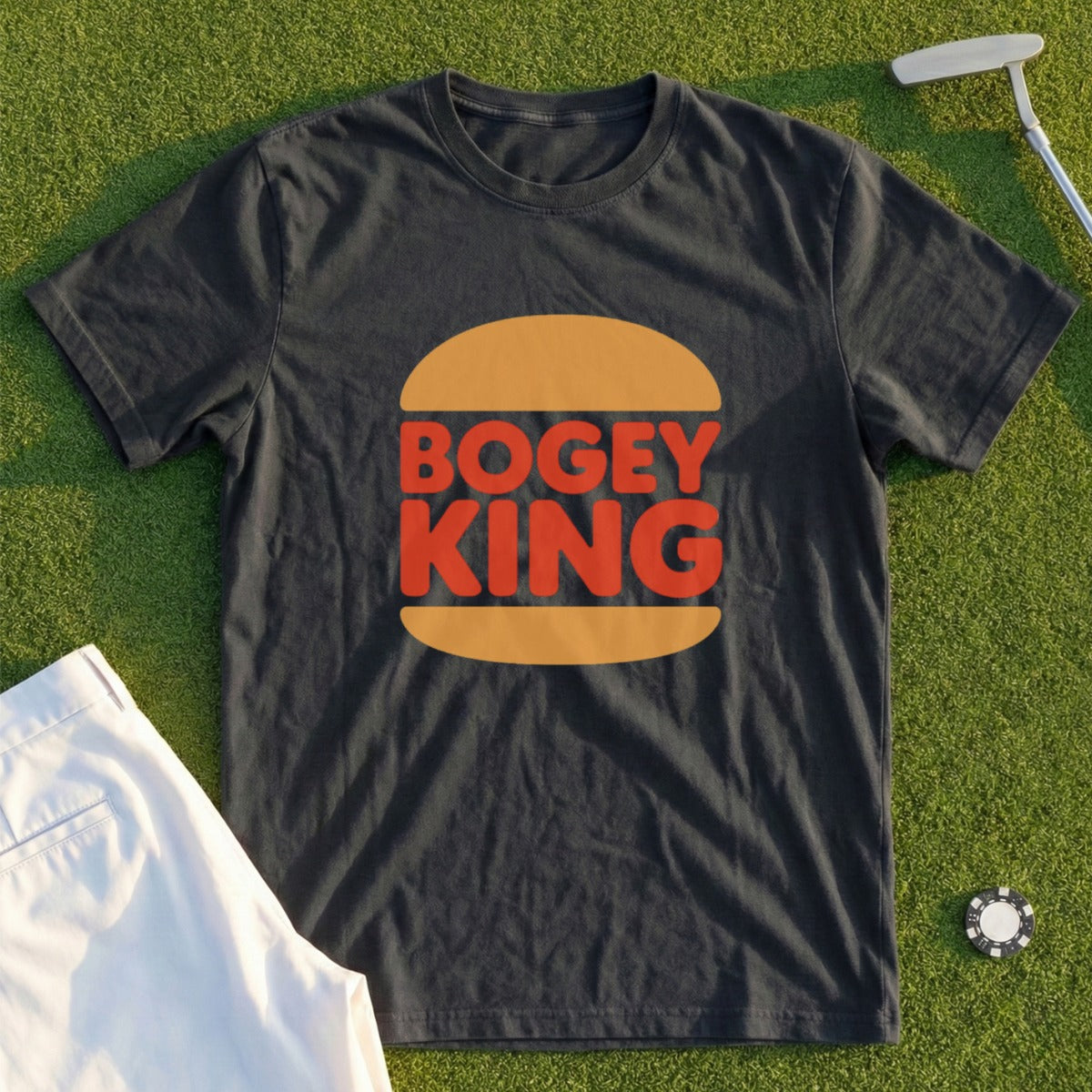 Dark t-shirt with "BOGEY KING" text in a burger bun design.
