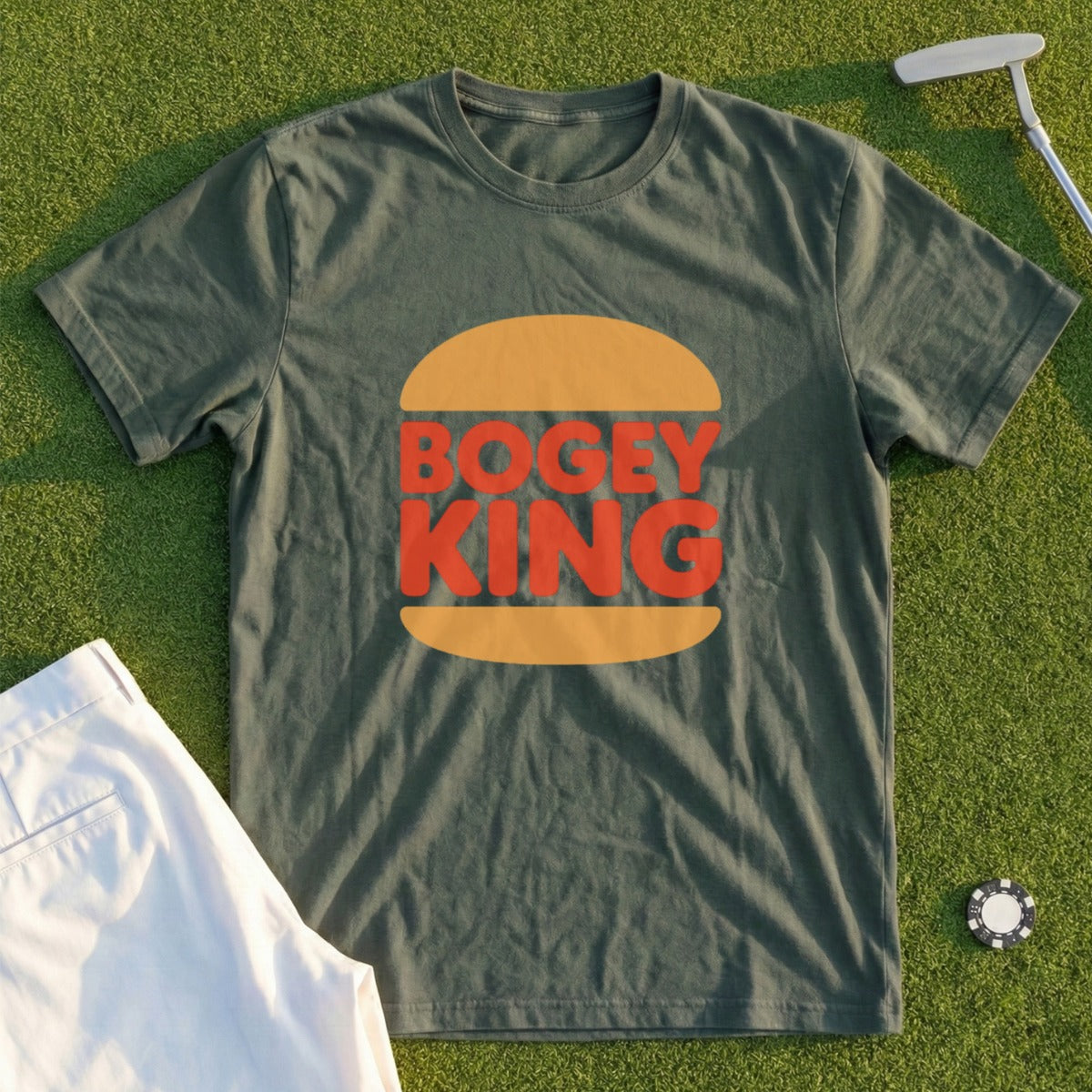 Green t-shirt with orange "BOGEY KING" text inside a burger graphic.