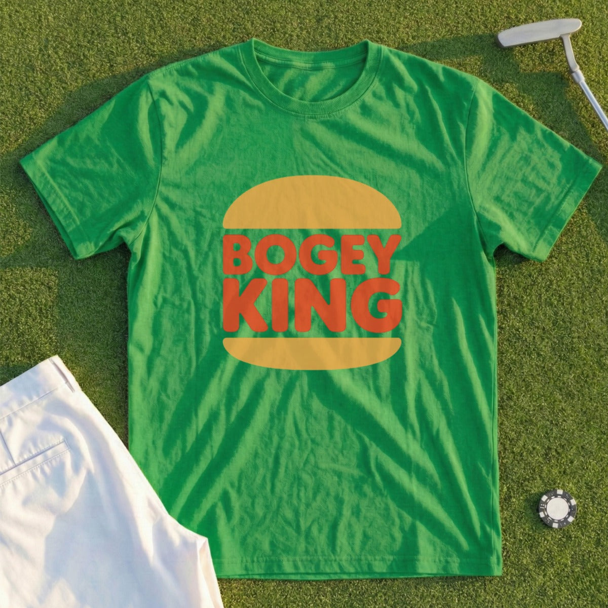 Green t-shirt with "BOGEY KING" text inside a burger graphic.