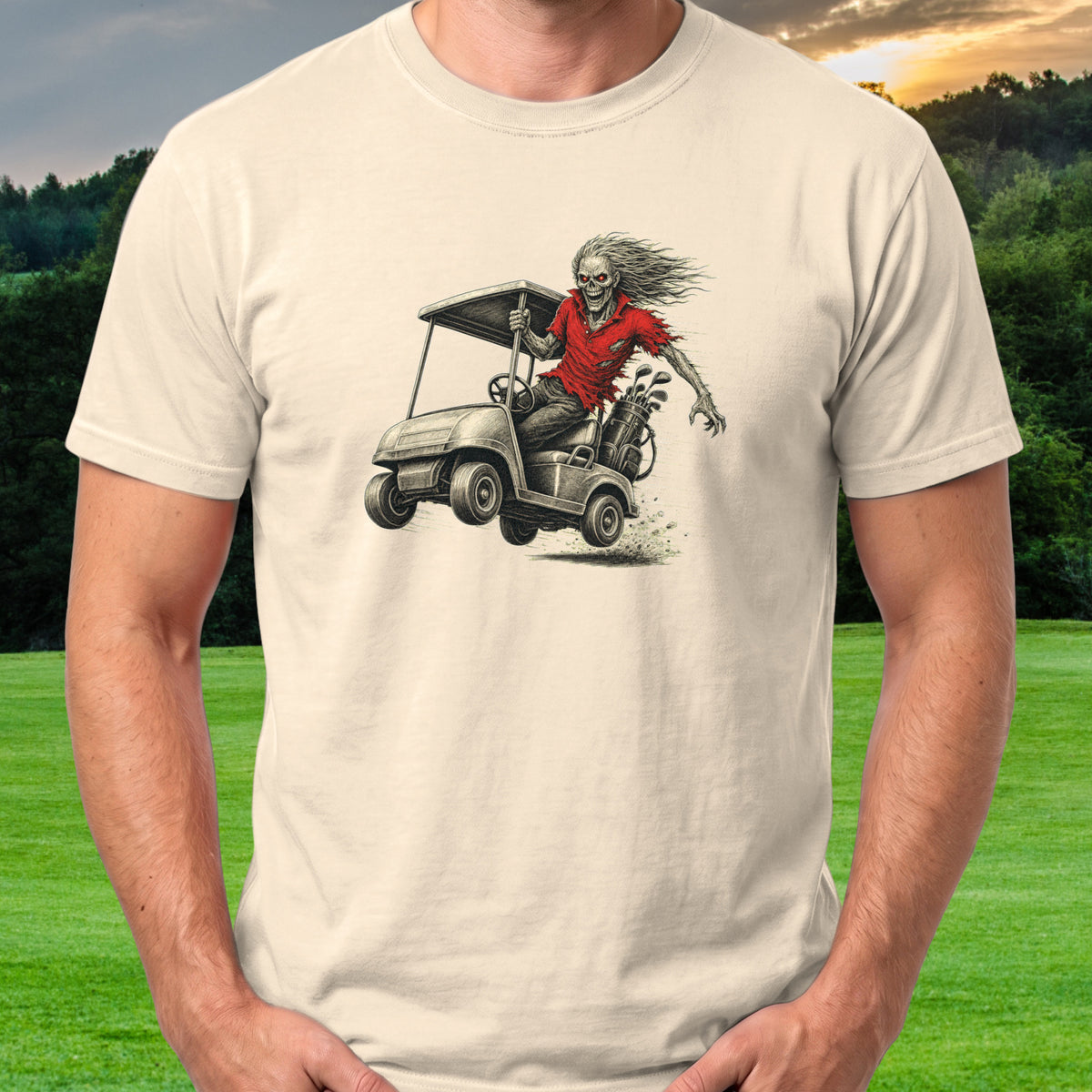 Bogeyman Cart Ride Tee worn on the golf course, Natural