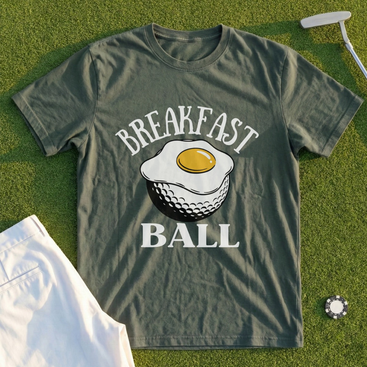 Green t-shirt with "Breakfast Ball" text and a fried egg on a golf ball.