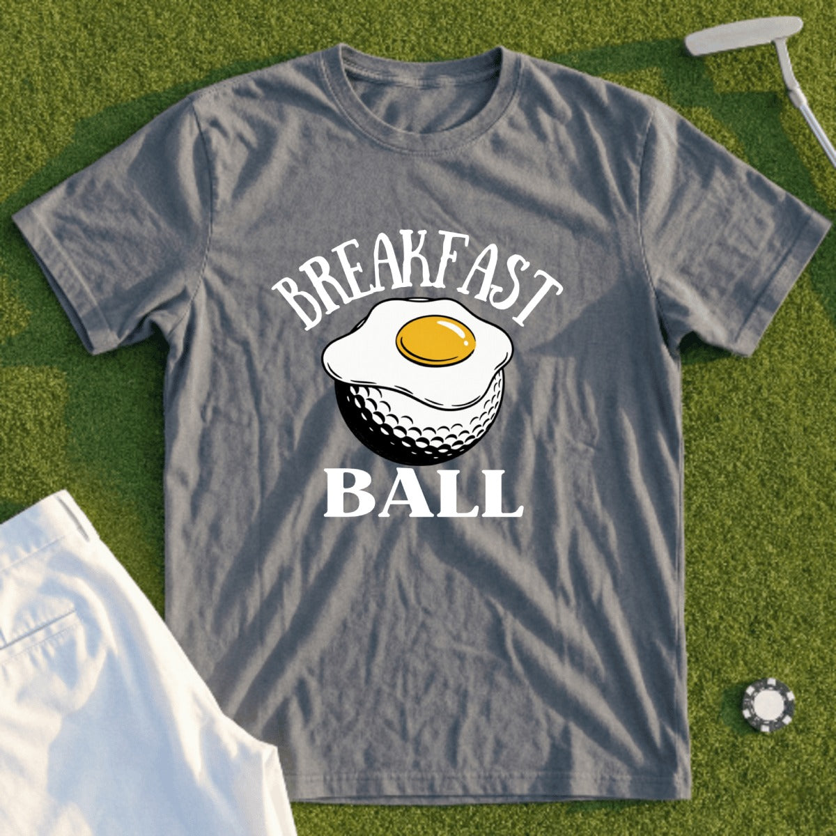 Gray t-shirt with "Breakfast Ball" text and an egg yolk on a golf ball.
