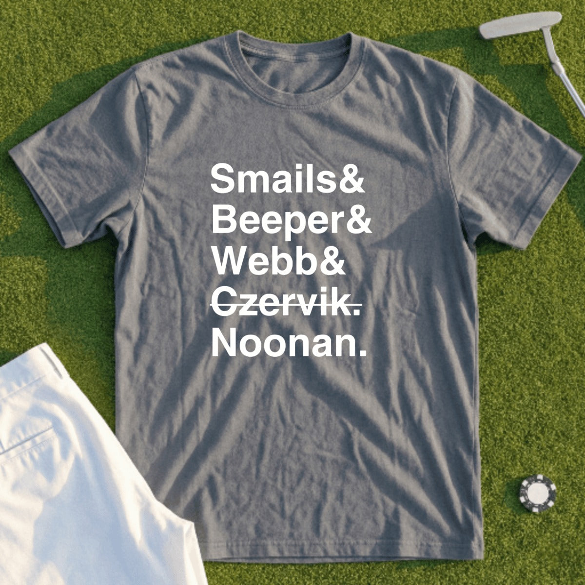 Gray t-shirt with names Smalls, Beeb, Webb, Czervik, Noonan.