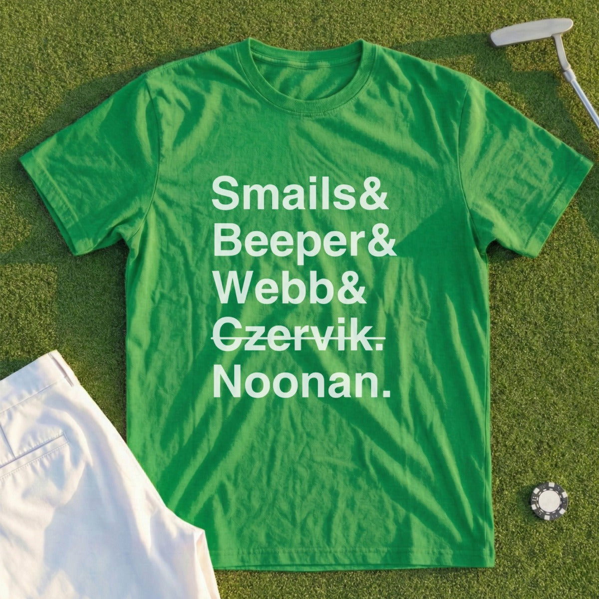 Green t-shirt with names Smaills, Webber, Czervik, Noonan printed in white.