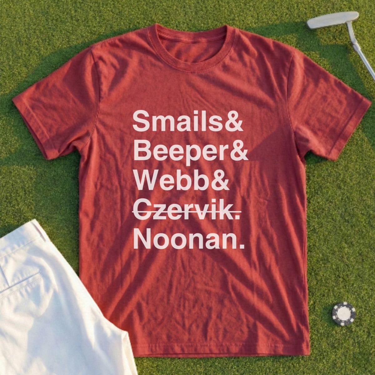 Red t-shirt with names Smaills, Beeber, Webb, Czervik, and Noonan in white text.