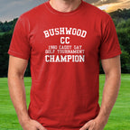 Bushwood Caddy Day Champion Tee worn on the golf course, Red