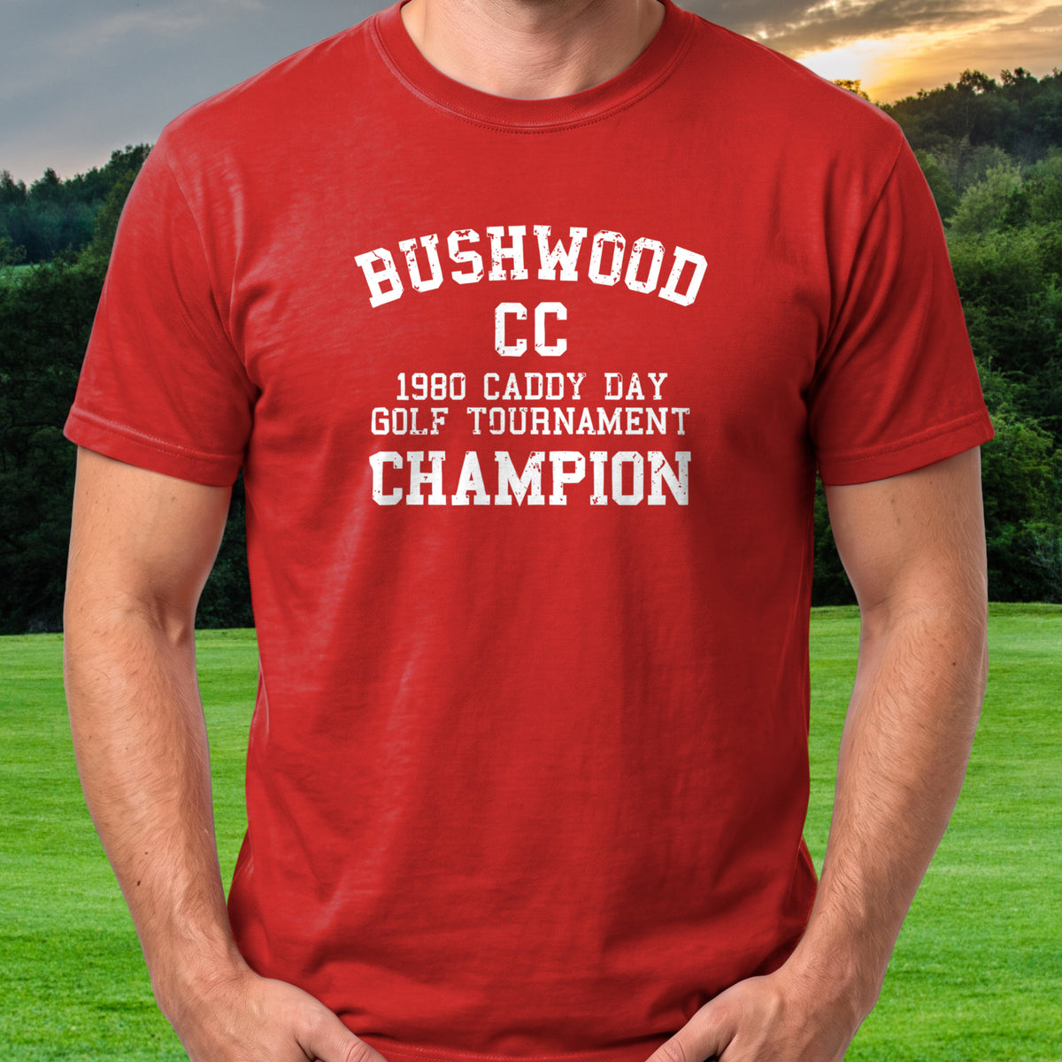 Bushwood Caddy Day Champion Tee worn on the golf course, Red